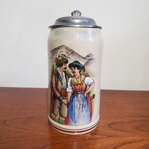 Western Germany Stoneware Beer Stein Pewter Lid man‎ cave mountains bier